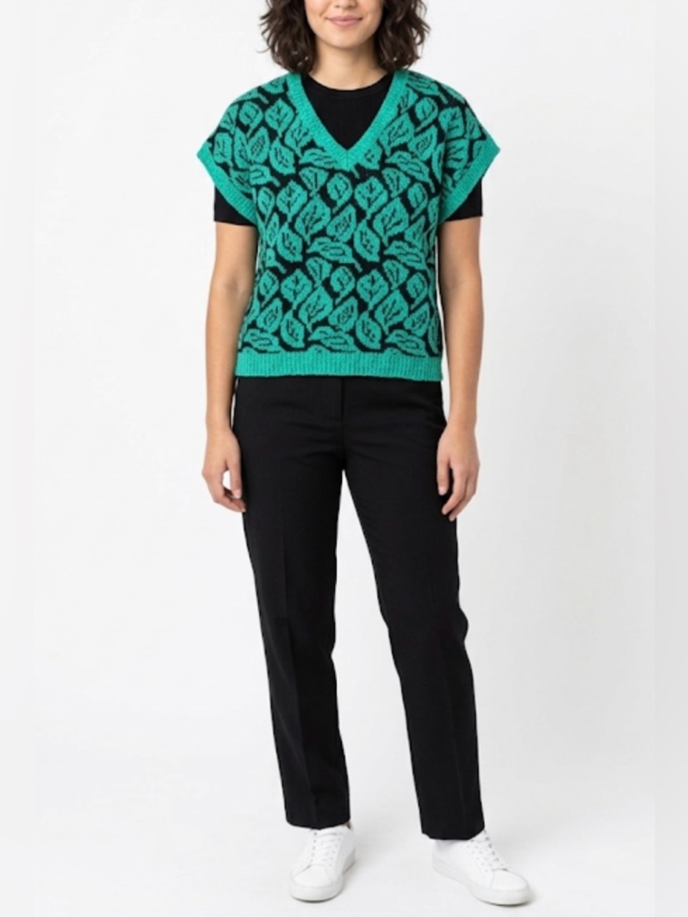 Carducci Women's Sweater Size M Teal & Black Leaf Pattern Knit Pullover V-Neck